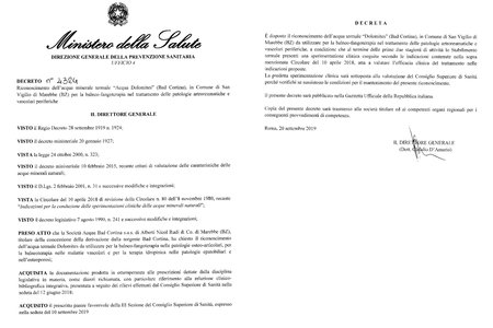 Das Dekret vom 20. September 2019: Das Wasser von Aqua Bad Cortina wird vom italienischen Gesundheitsministerium anerkannt